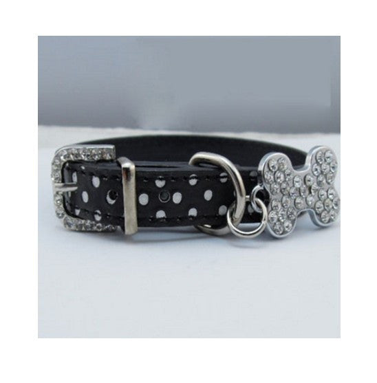 Dot Print Leather Collar With Rhinestones